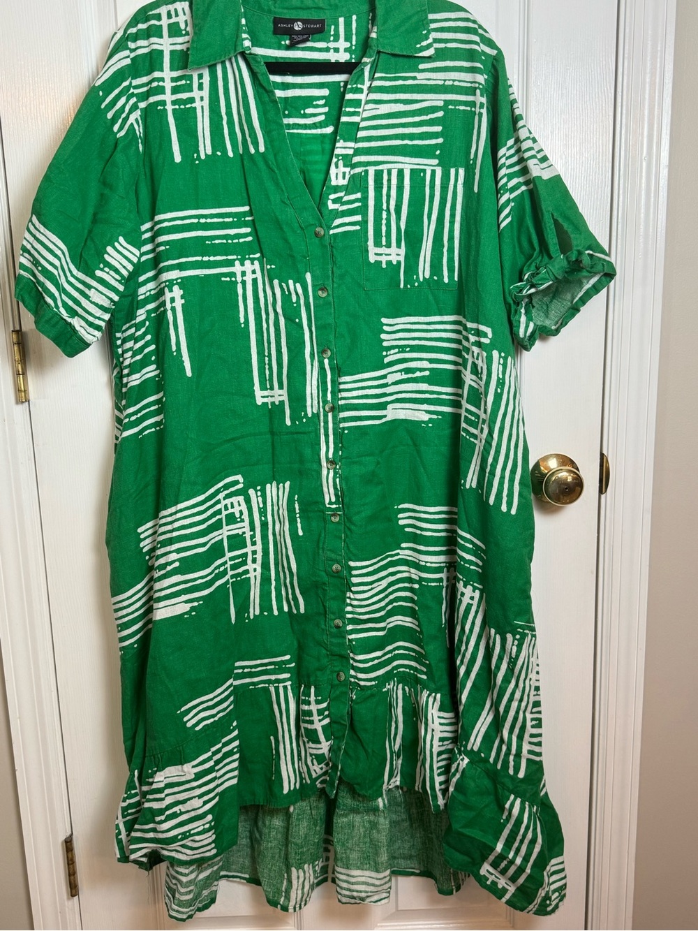 Ashley Stewart Green and White High-Low Button Front Dress